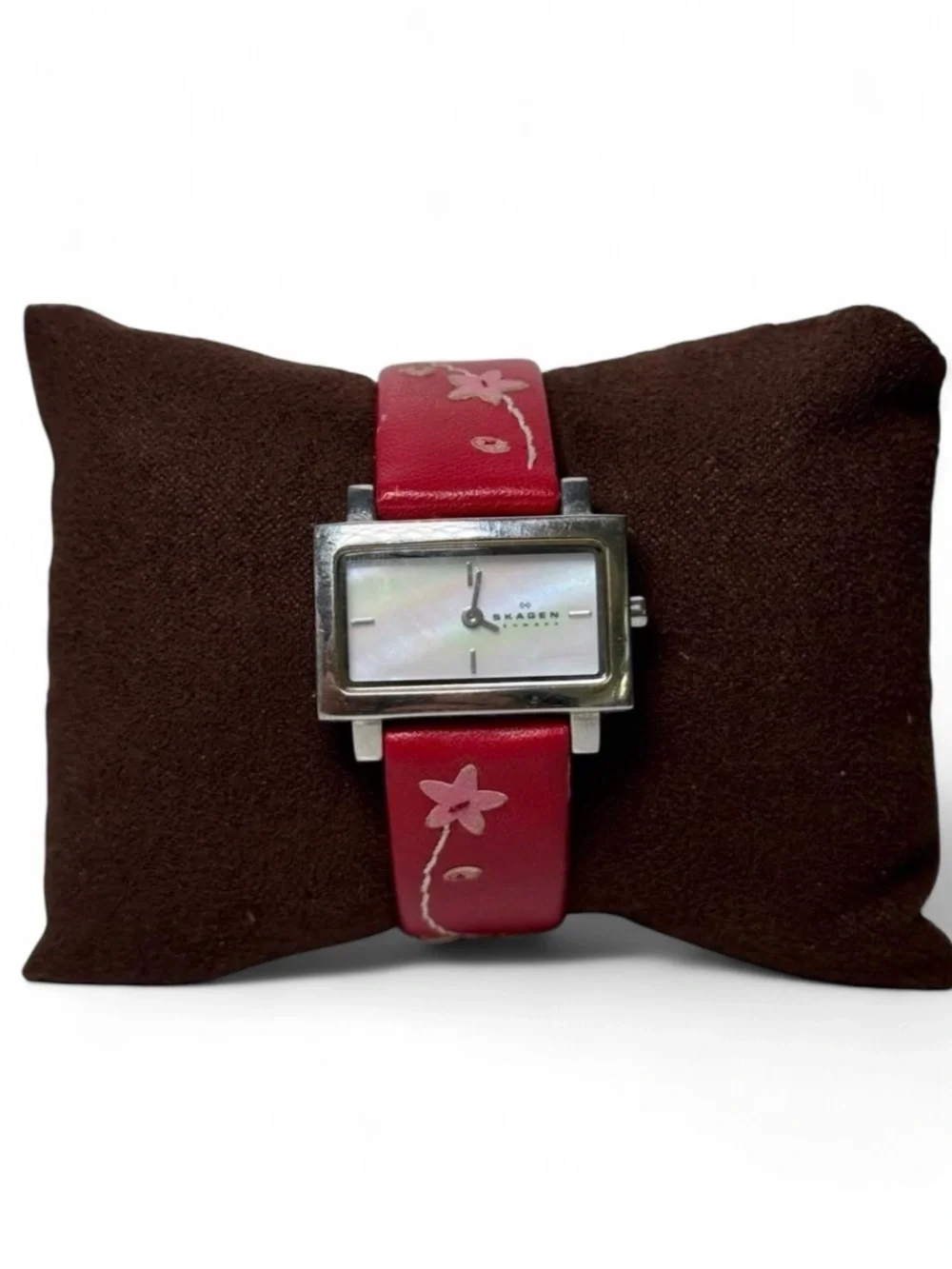 Skagen Denmark Rectangular Mother of Pearl Watch Red Pink Floral Leather Silver